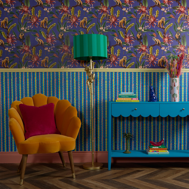 Get a Wiggle On Wallpaper in Blues, Mustard and Millennial Pink