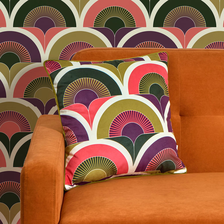 Groovy Baby Square Cushion in Mulberry, Coral, Emerald and Military Green