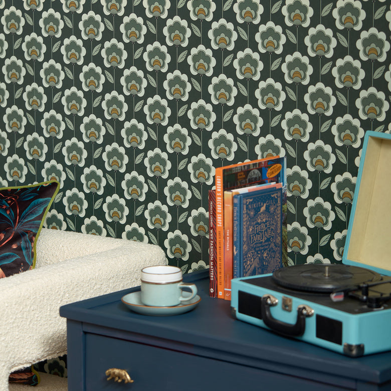 Happy Glamper Wallpaper in Dark Forest, Sage and Sand