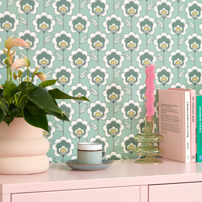 Happy Glamper Wallpaper in Sage, Elderflower and Vintage Cream