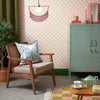 Roomset of vintage flower petal, geometric wallpaper in candy floss pink and cream 