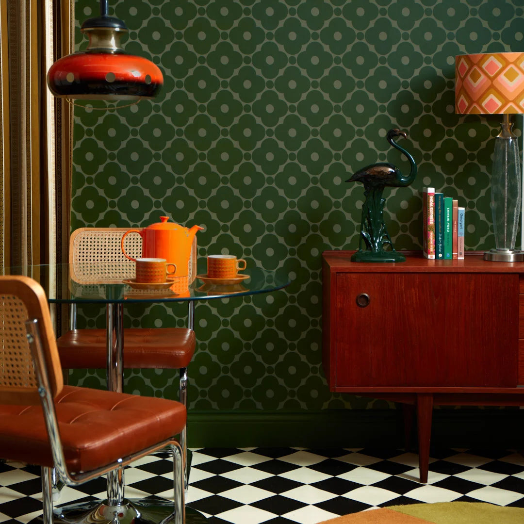 Roomset of vintage flower petal, geometric wallpaper in Smashed avocado and light green colourway 