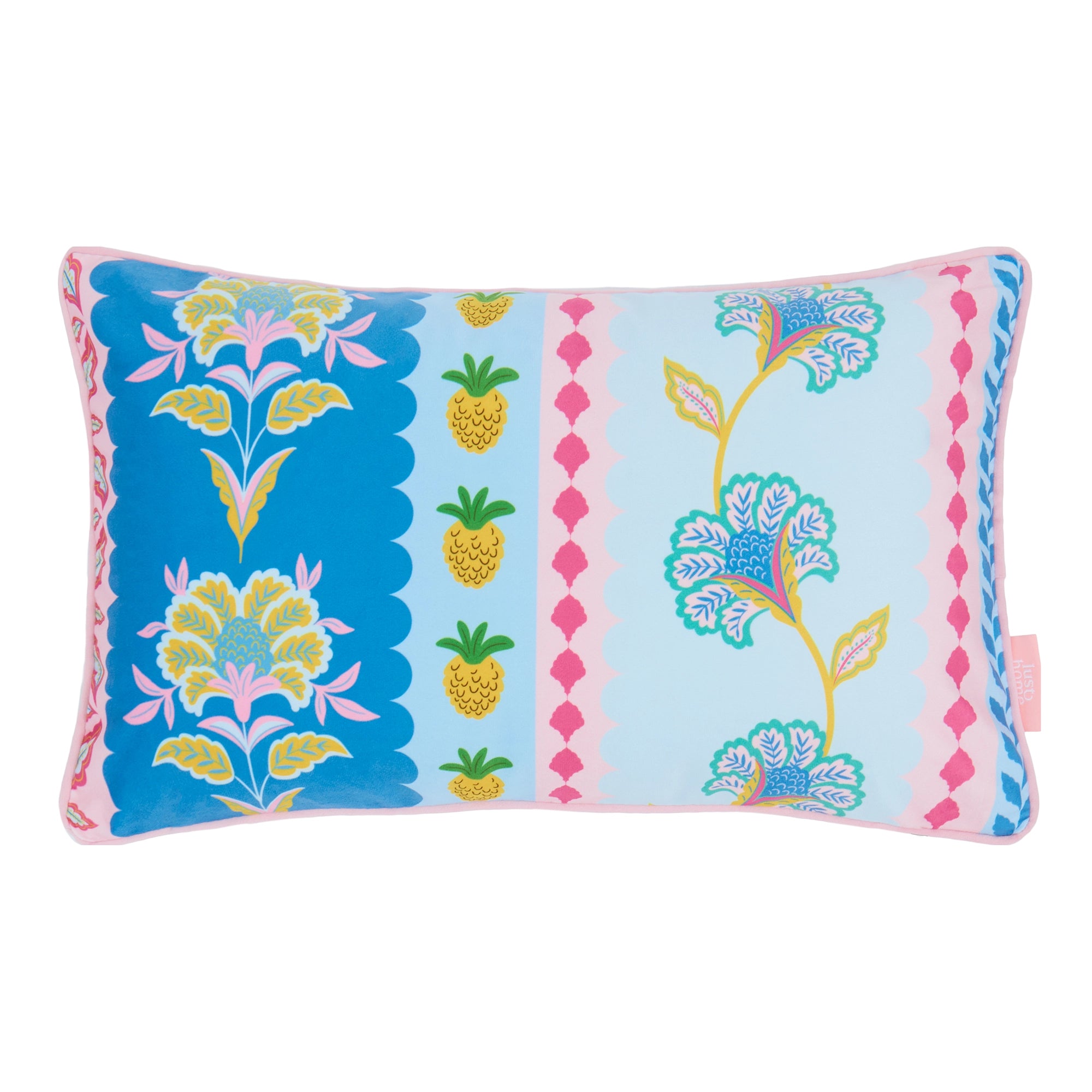 Hello Flower Bolster Cushion in Pinks on Blue