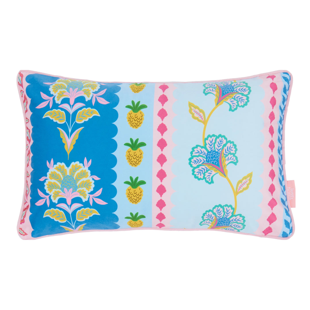 Hello Flower Bolster Cushion in Pinks on Blue