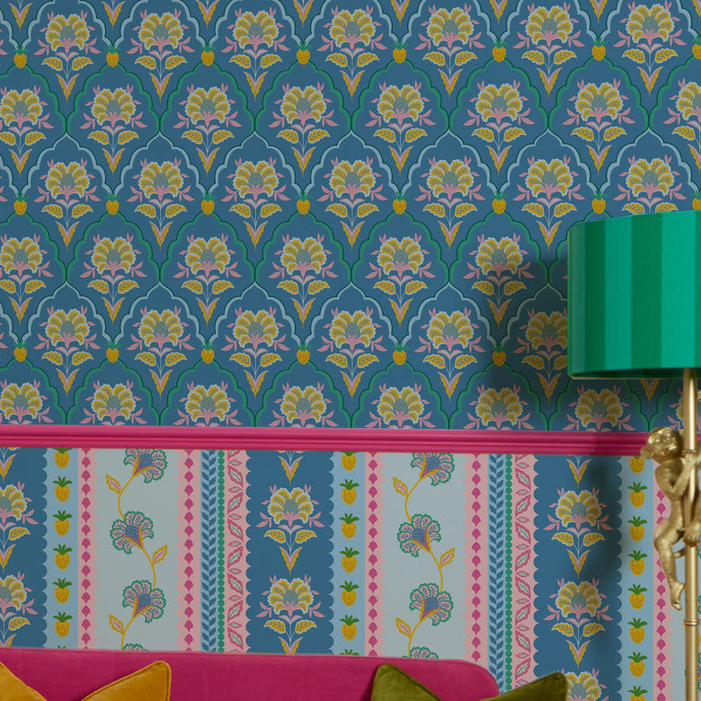 Hello Flower Wallpaper in Pinks on Blue