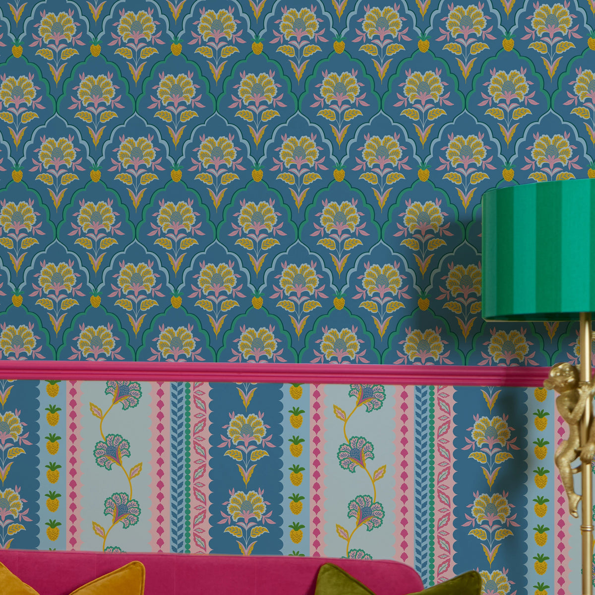 Hello Flower Wallpaper in Pinks on Blue – Lust Home