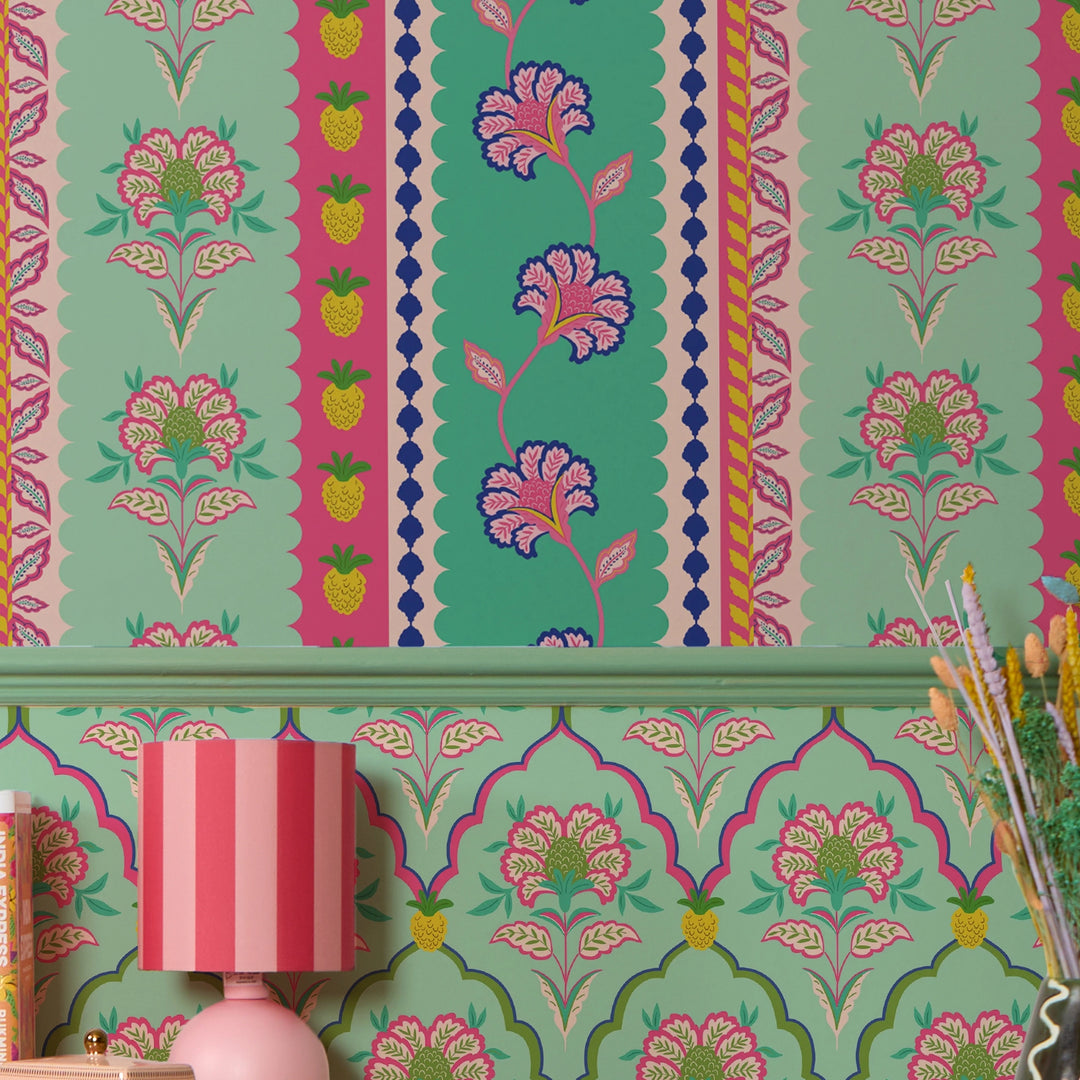 Hello Flower Wallpaper in Pinks on Greens