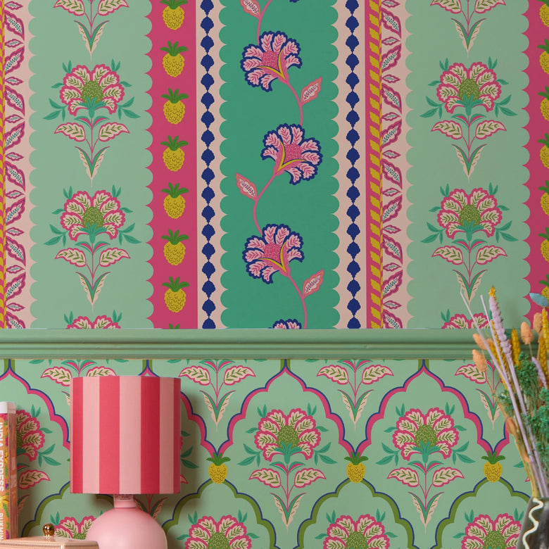 Hello Flower Wallpaper in Pinks on Greens