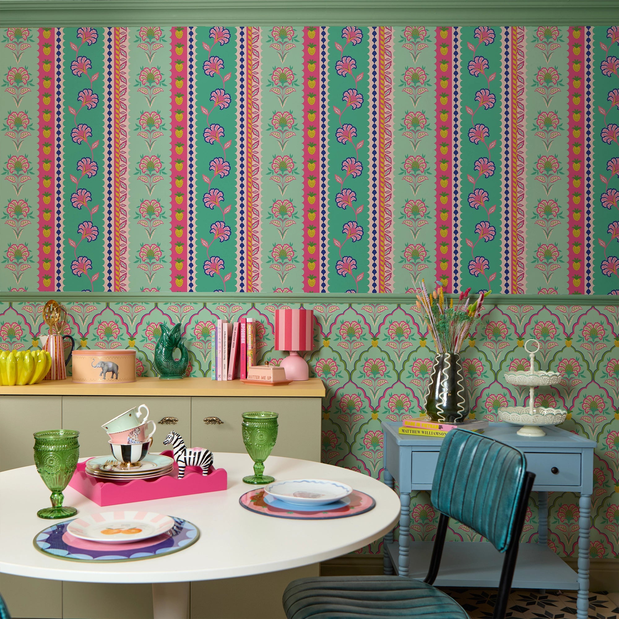 Hello Flower Wallpaper in Pinks on Greens