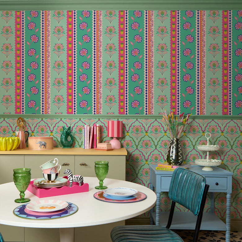 Hello Flower Wallpaper in Pinks on Greens