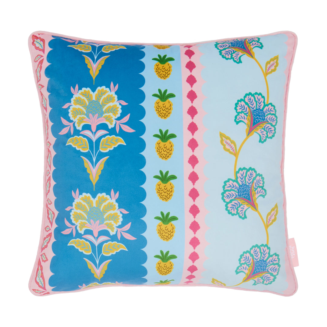 Hello Flower Square Cushion in Pinks on Blue