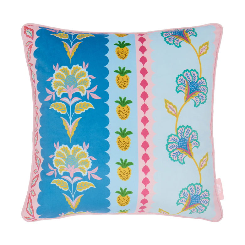Hello Flower Square Cushion in Pinks on Blue