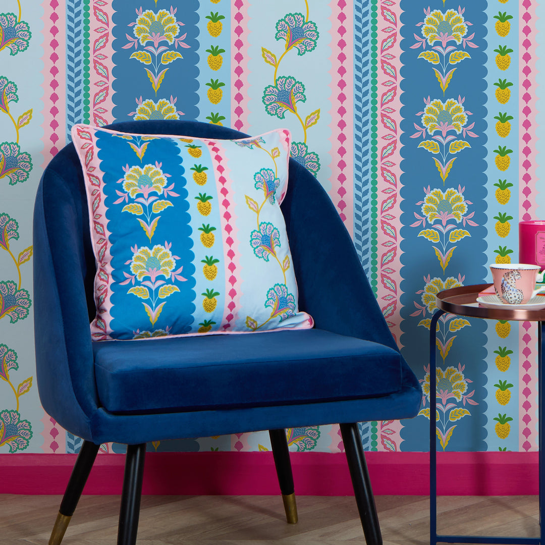 Hello Flower Square Cushion in Pinks on Blue