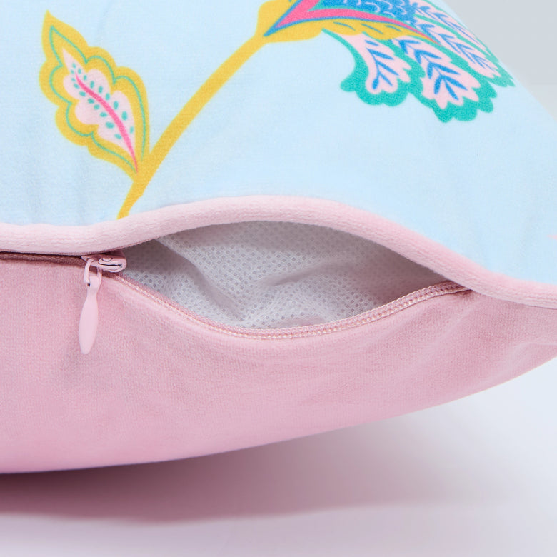 Hello Flower Square Cushion in Pinks on Blue