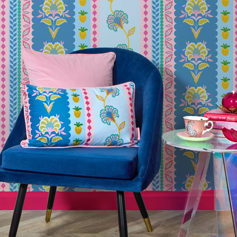 Hello Flower Bolster Cushion in Pinks on Blue