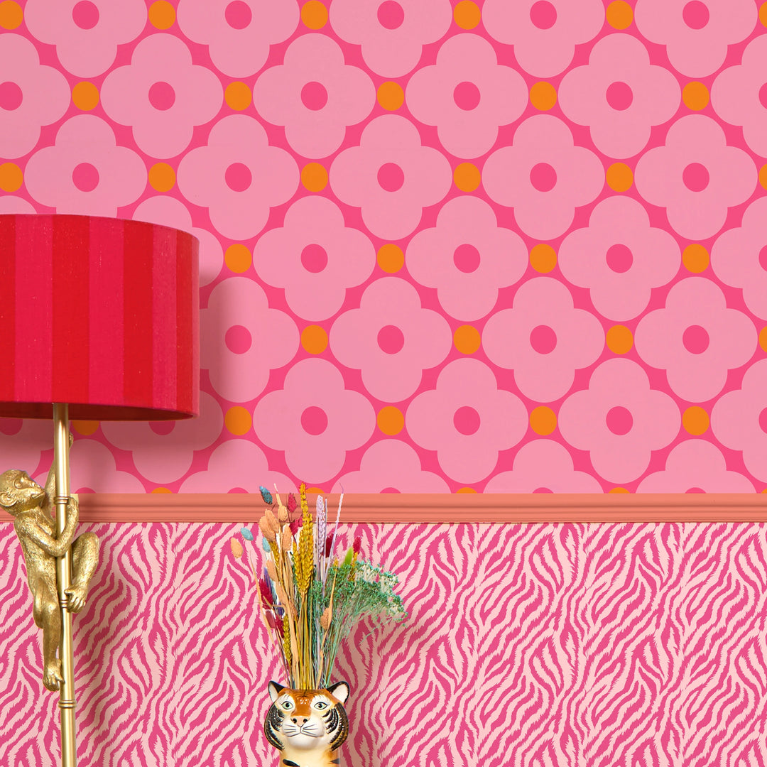 Hello Petal Wallpaper in Pink, Raspberry and Orange Fizz