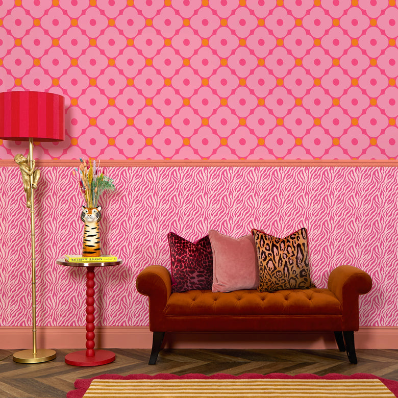 Hello Petal Wallpaper in Pink, Raspberry and Orange Fizz