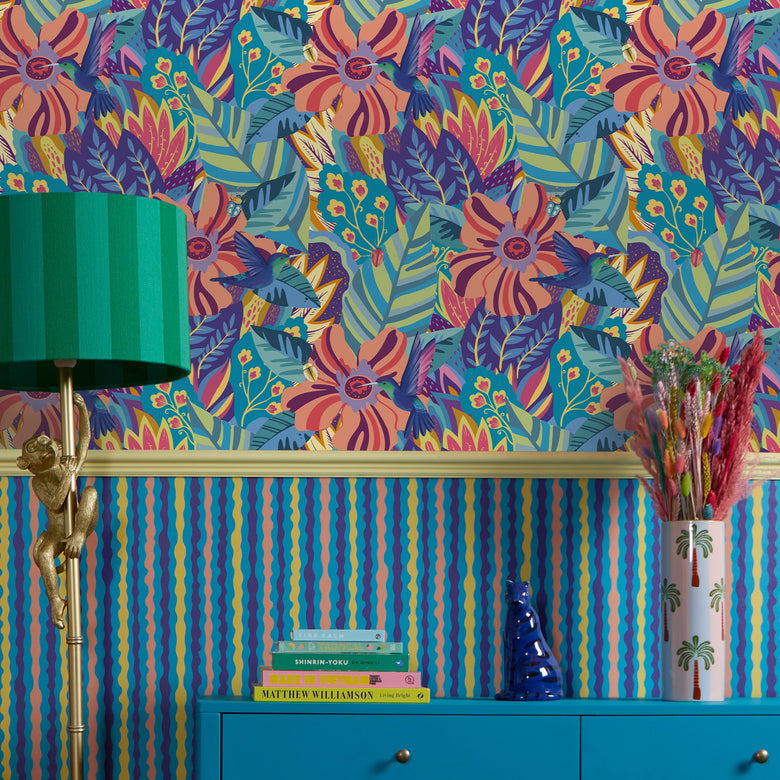 Hidden Hummingbird Wallpaper in Blues, Mustard and Millennial Pink