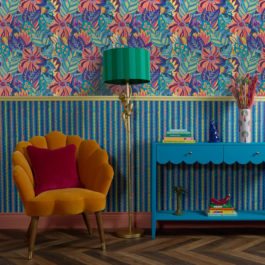 Hidden Hummingbird Wallpaper in Blues, Mustard and Millennial Pink