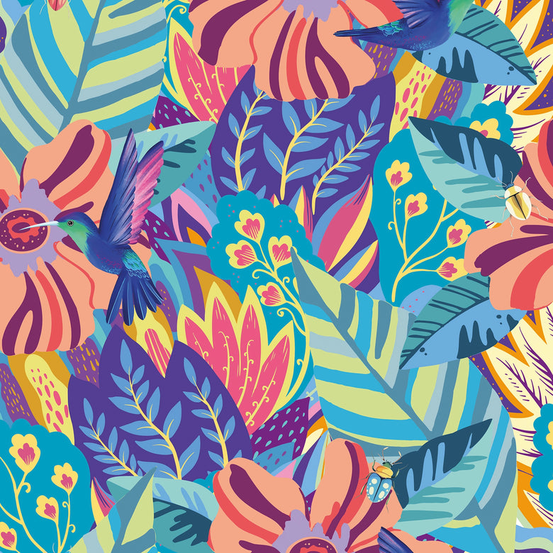 Hidden Hummingbird Wallpaper in Blues, Mustard and Millennial Pink