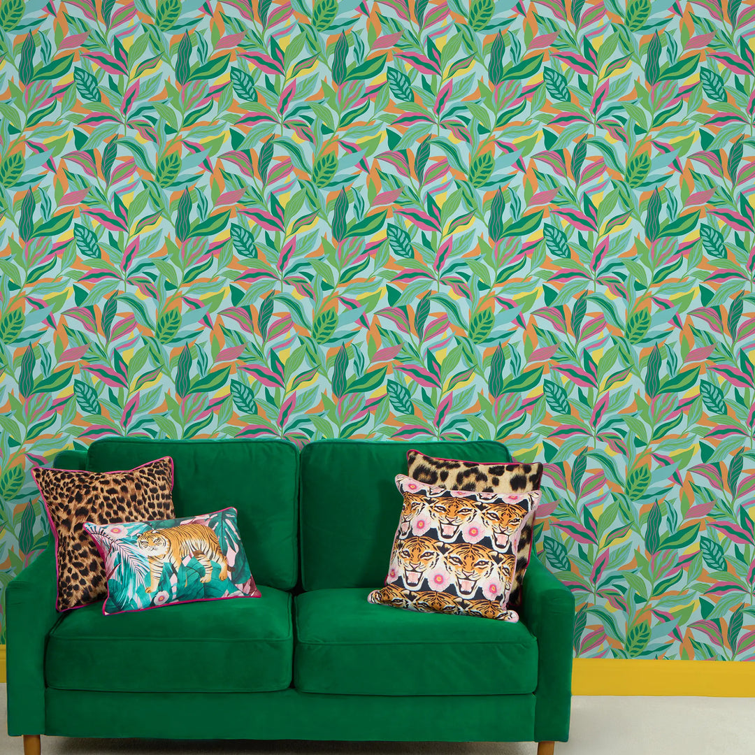 Honolulu Wallpaper in Pink, Orange and Greens