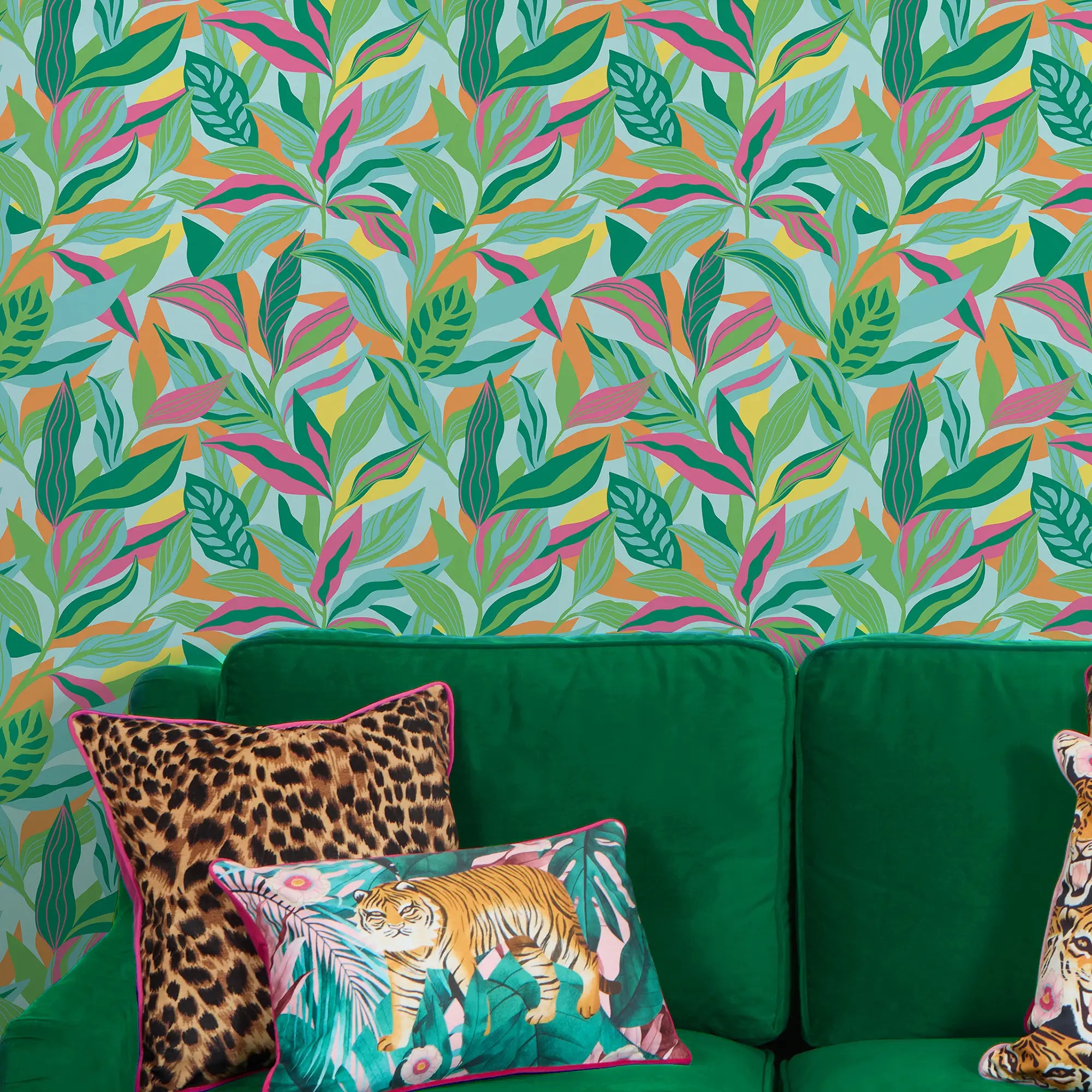 Honolulu Wallpaper in Pink, Orange and Greens