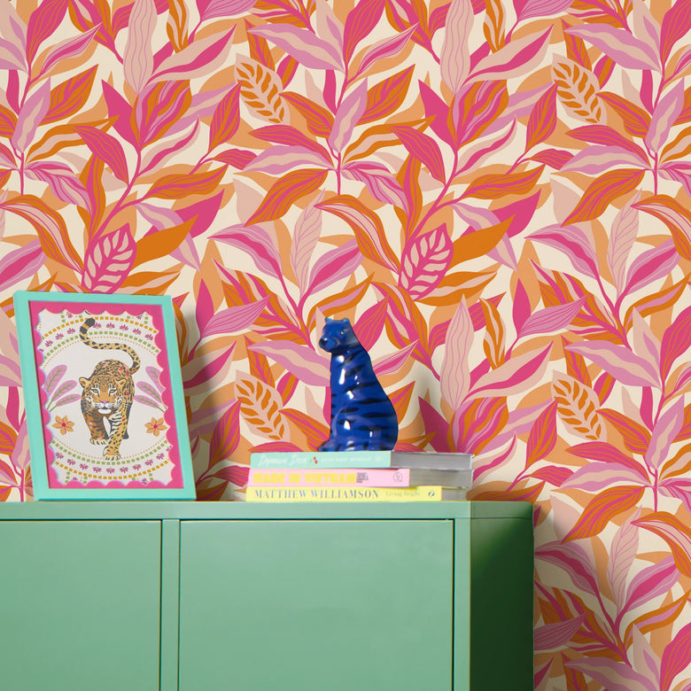 Honolulu Wallpaper in Raspberry and Orange Fizz