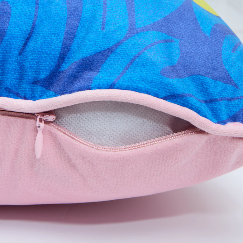 Huephoric Hibiscus Square Cushion in Pink, Mustard and Electric Blue