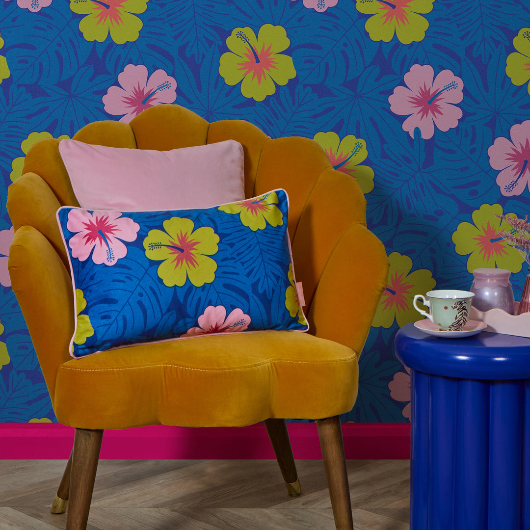 Huephoric Hibiscus Bolster Cushion in Pink, Mustard and Electric Blue