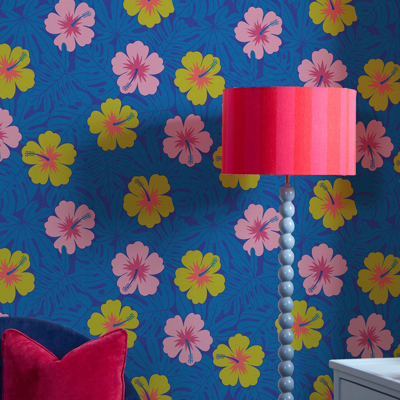 Huephoric Hibiscus Wallpaper in Pink and Mustard on Electric Blue