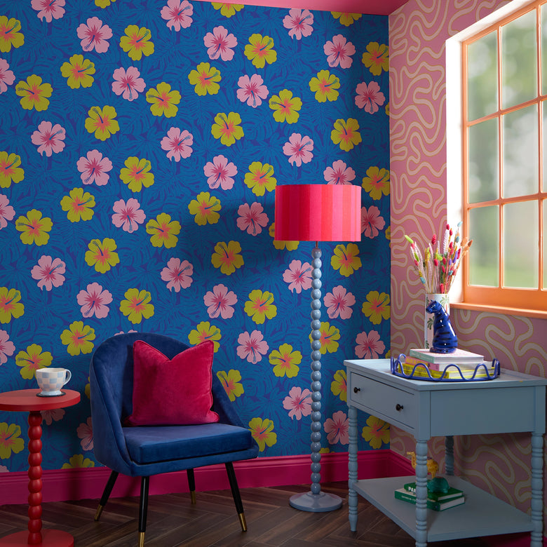 Huephoric Hibiscus Wallpaper in Pink and Mustard on Electric Blue
