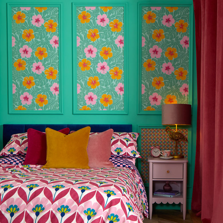 Huephoric Hibiscus Wallpaper in Pink and Orange on Teal