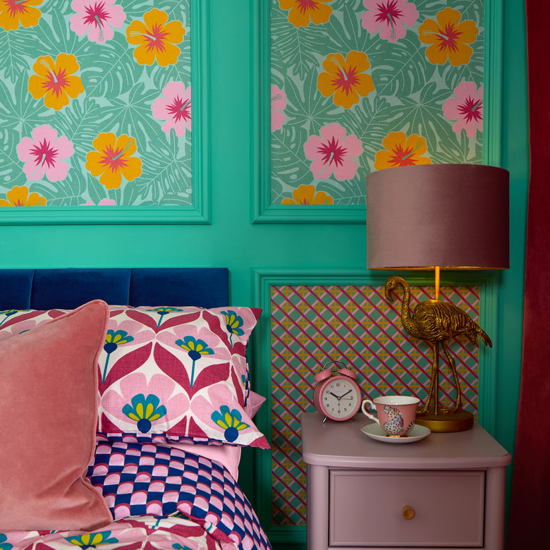Huephoric Hibiscus Wallpaper in Pink and Orange on Teal