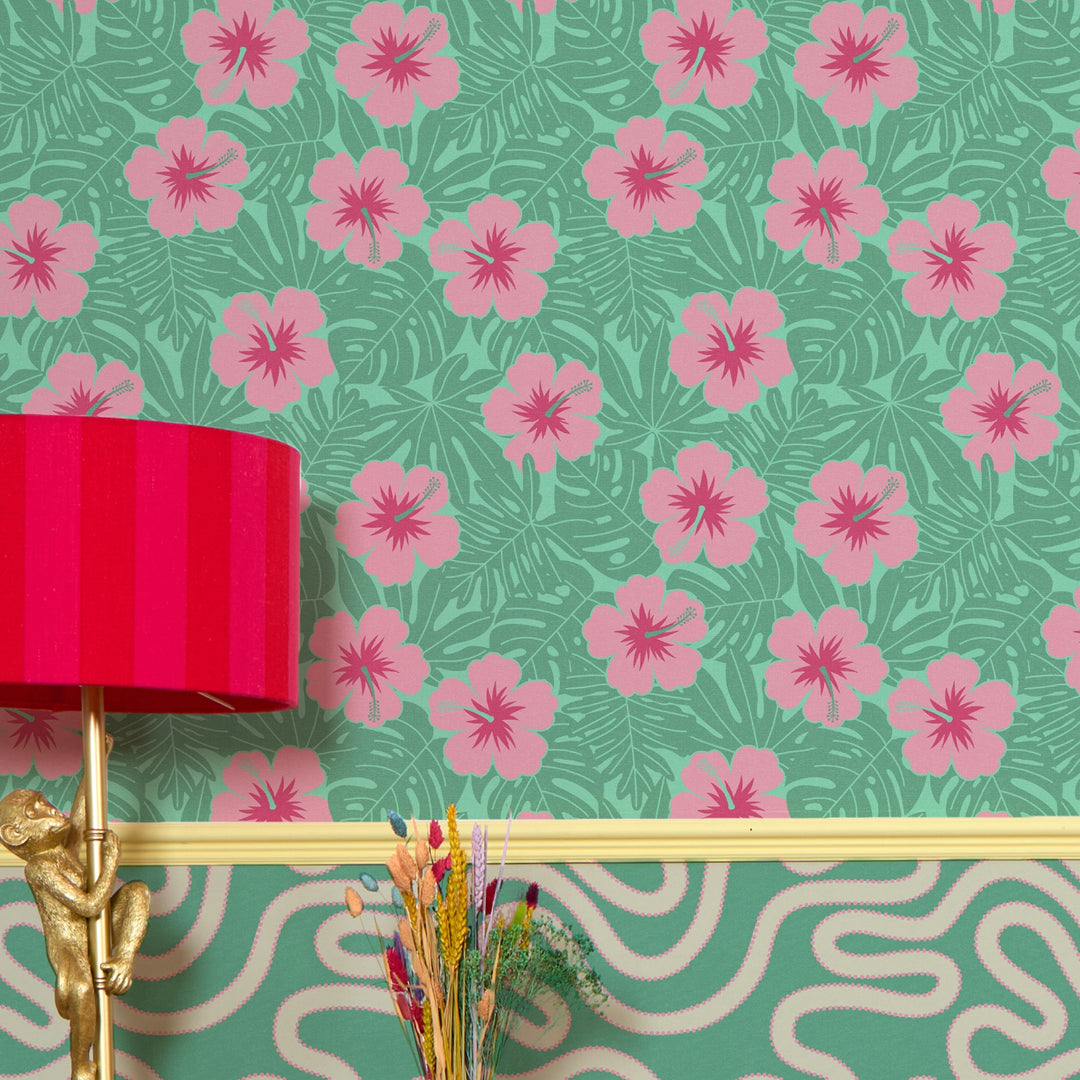 Huephoric Hibiscus Wallpaper in Pink and Teal
