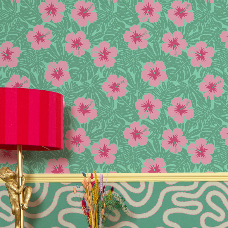 Huephoric Hibiscus Wallpaper in Pink and Teal