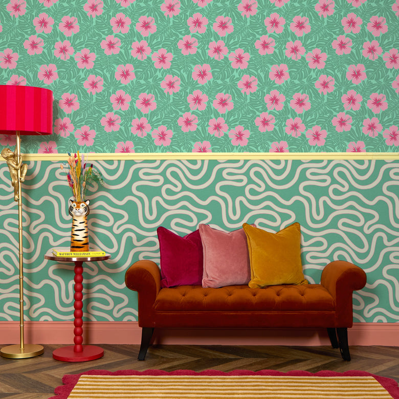 Huephoric Hibiscus Wallpaper in Pink and Teal