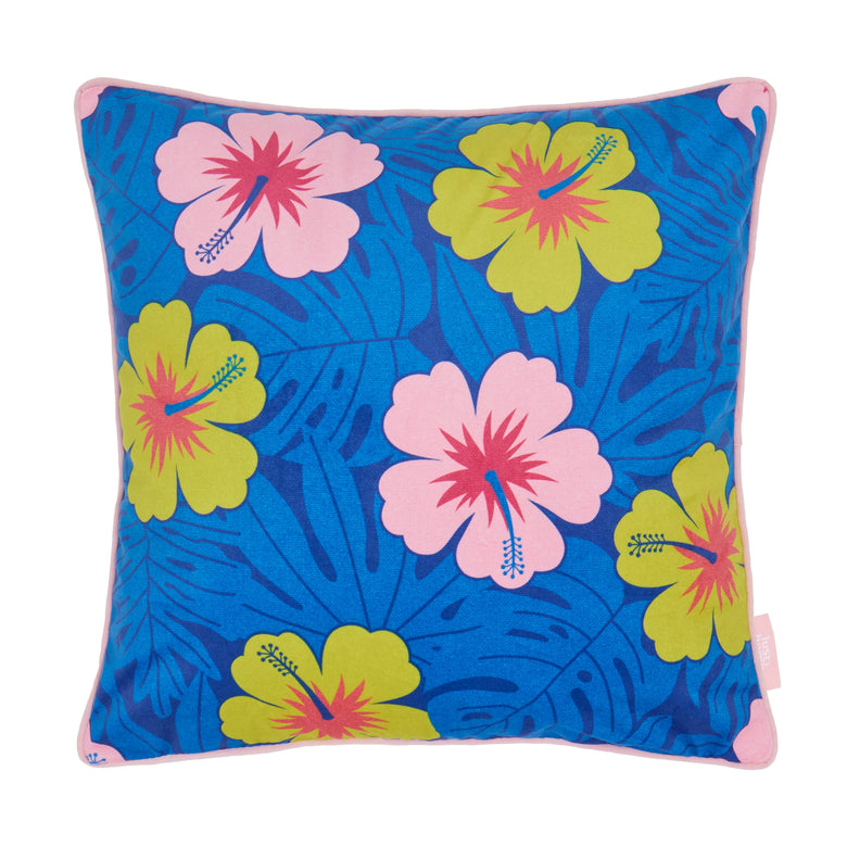 Huephoric Hibiscus Square Cushion in Pink, Mustard and Electric Blue