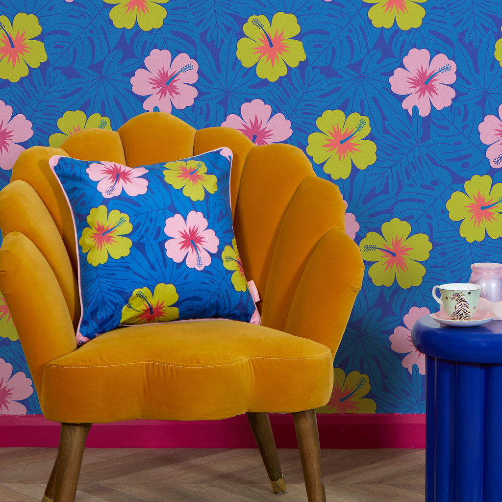 Huephoric Hibiscus Square Cushion in Pink, Mustard and Electric
