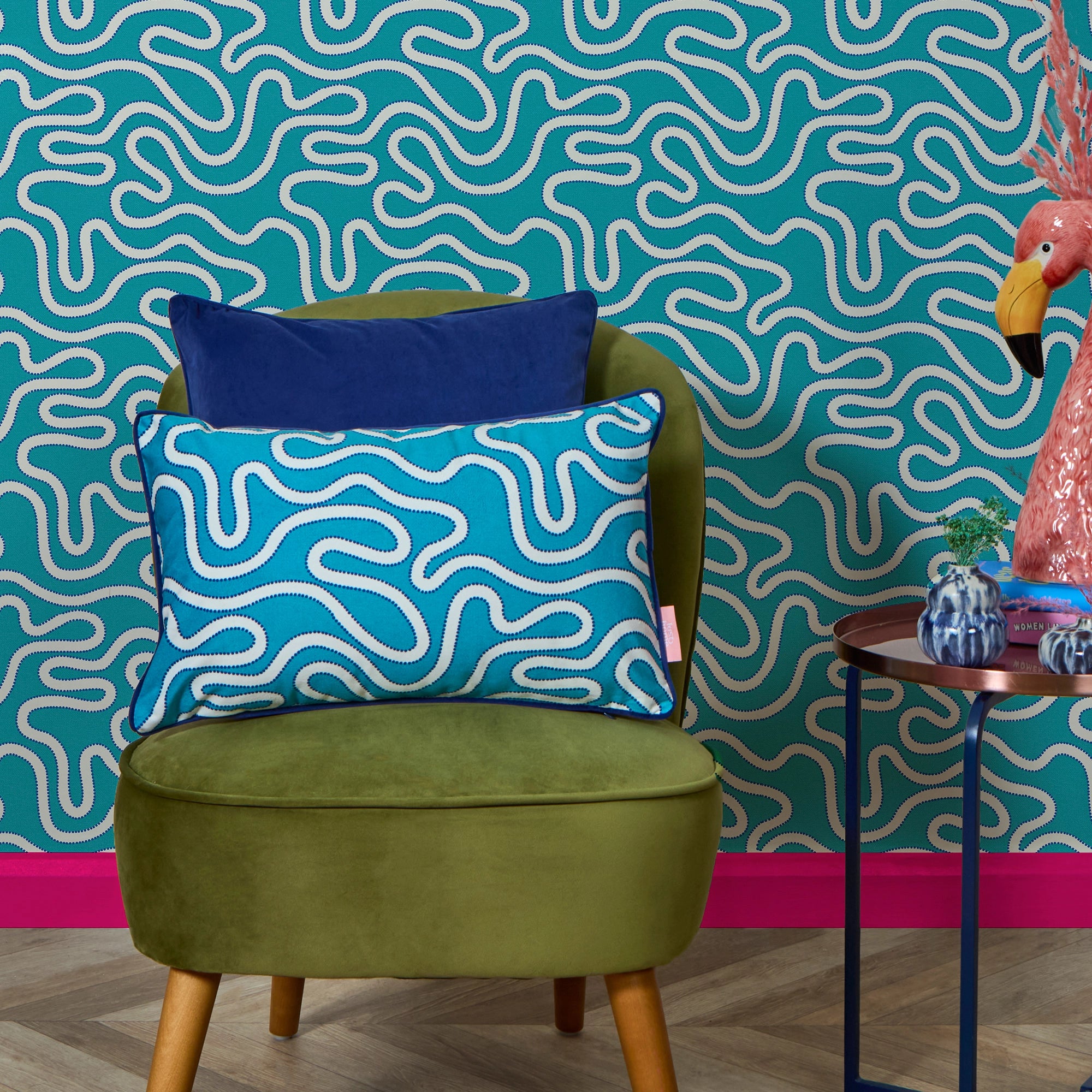 Ickle Squiggle Bolster Cushion in Turquoise & Blue