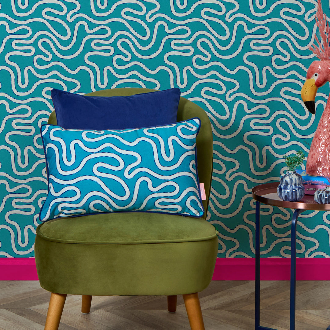 Ickle Squiggle Bolster Cushion in Turquoise & Blue