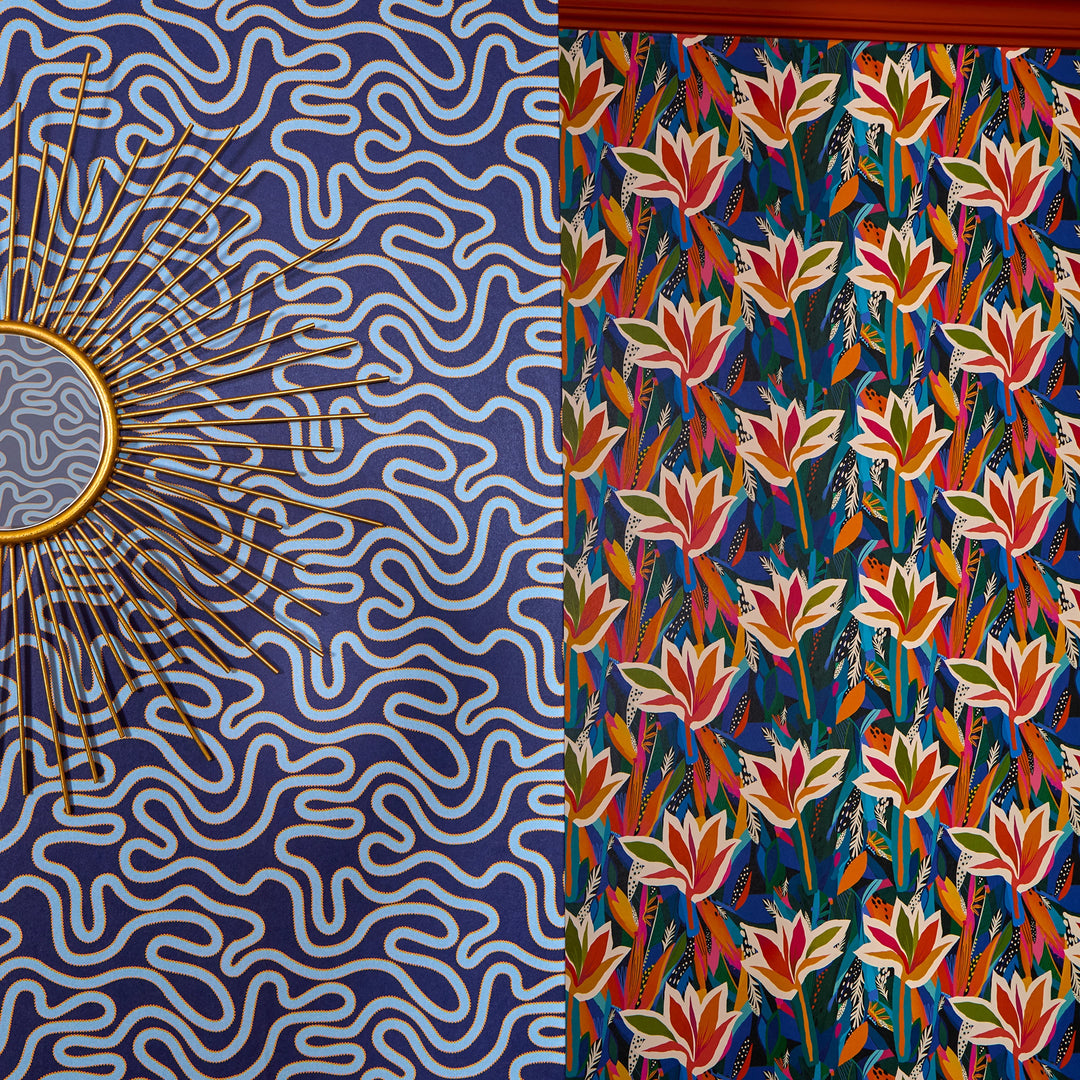 Ickle Squiggle Wallpaper in Dark Blue, Turquoise and Yellow