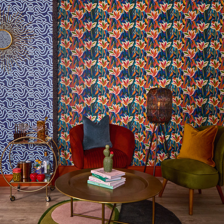 Ickle Squiggle Wallpaper in Dark Blue, Turquoise and Yellow