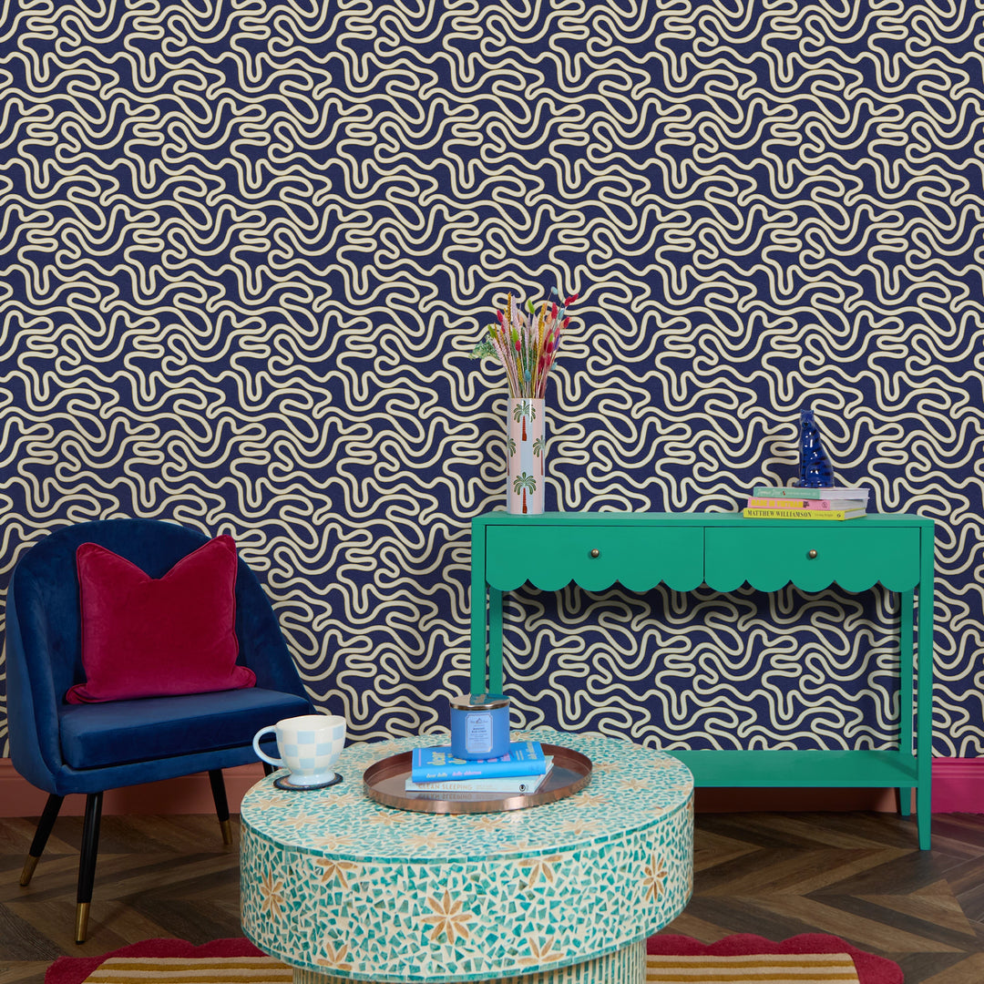 Ickle Squiggle Wallpaper in Navy and Yellow