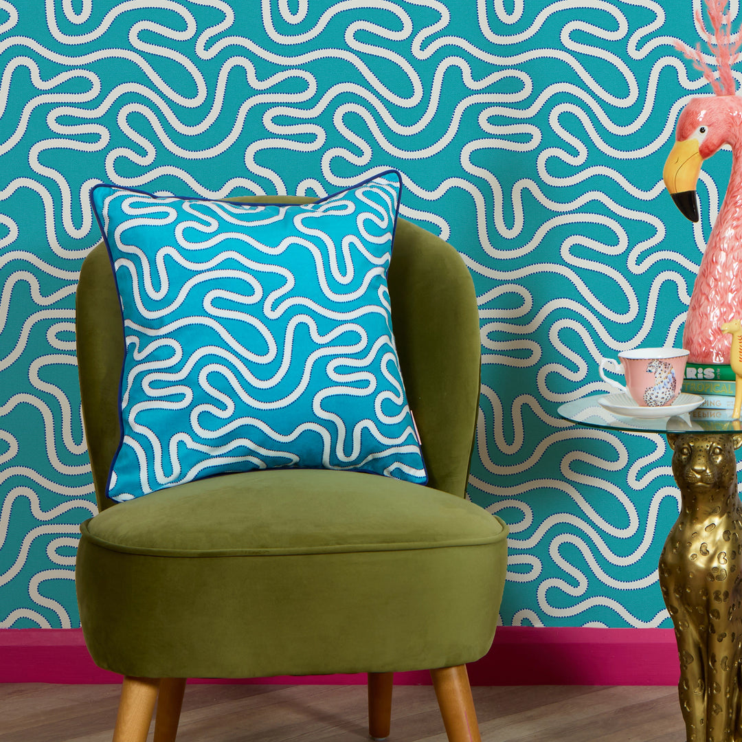 Ickle Squiggle Square Cushion in Turquoise & Blue