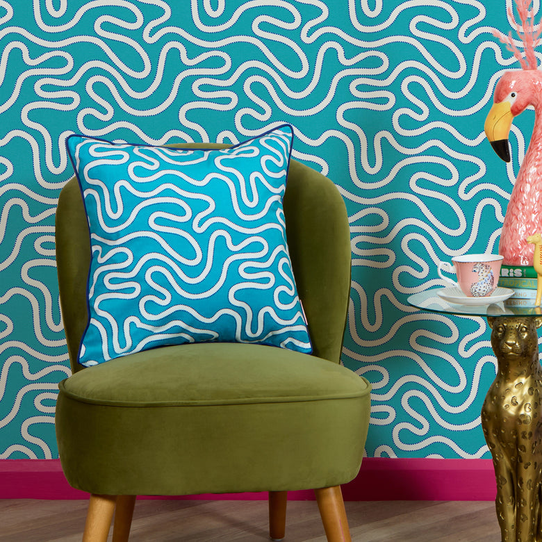 Ickle Squiggle Square Cushion in Turquoise & Blue
