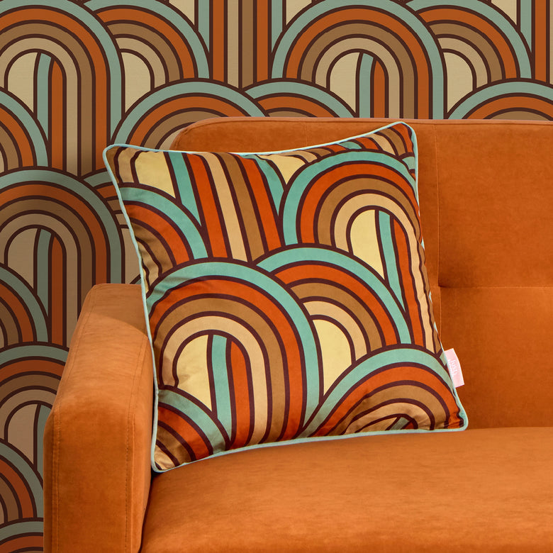 Keep on Rollin Square Cushion in Duck Egg Blue, Burnt Orange and Sand