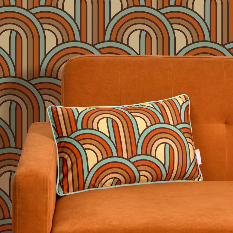 Keep on Rollin Bolster Cushion in Duck Egg Blue, Burnt Orange and Sand