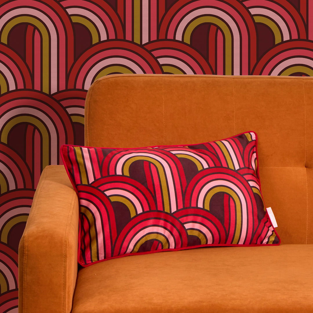 Keep on Rollin Bolster Cushion in Maroon, Lipstick Pinks and Rich Gold