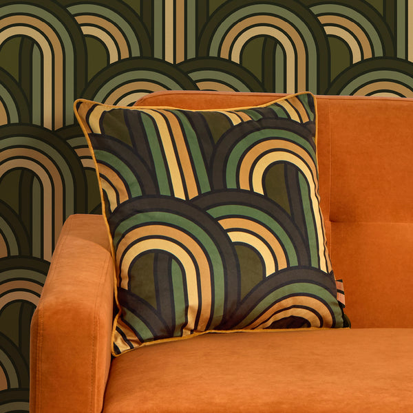 Keep on Rollin Square Cushion in Olive Green, Avocado and Harvest Gold