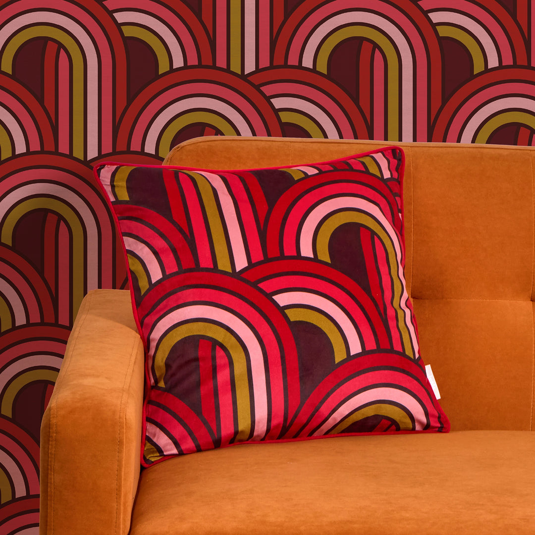 Keep on Rollin Square Cushion in Maroon, Lipstick Pinks and Rich Gold